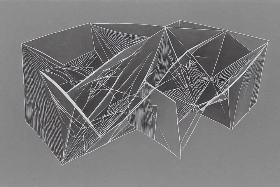Image similar to geometric anamorphic drawing of a tesseract, by birdo, alex maksiov and john pugh