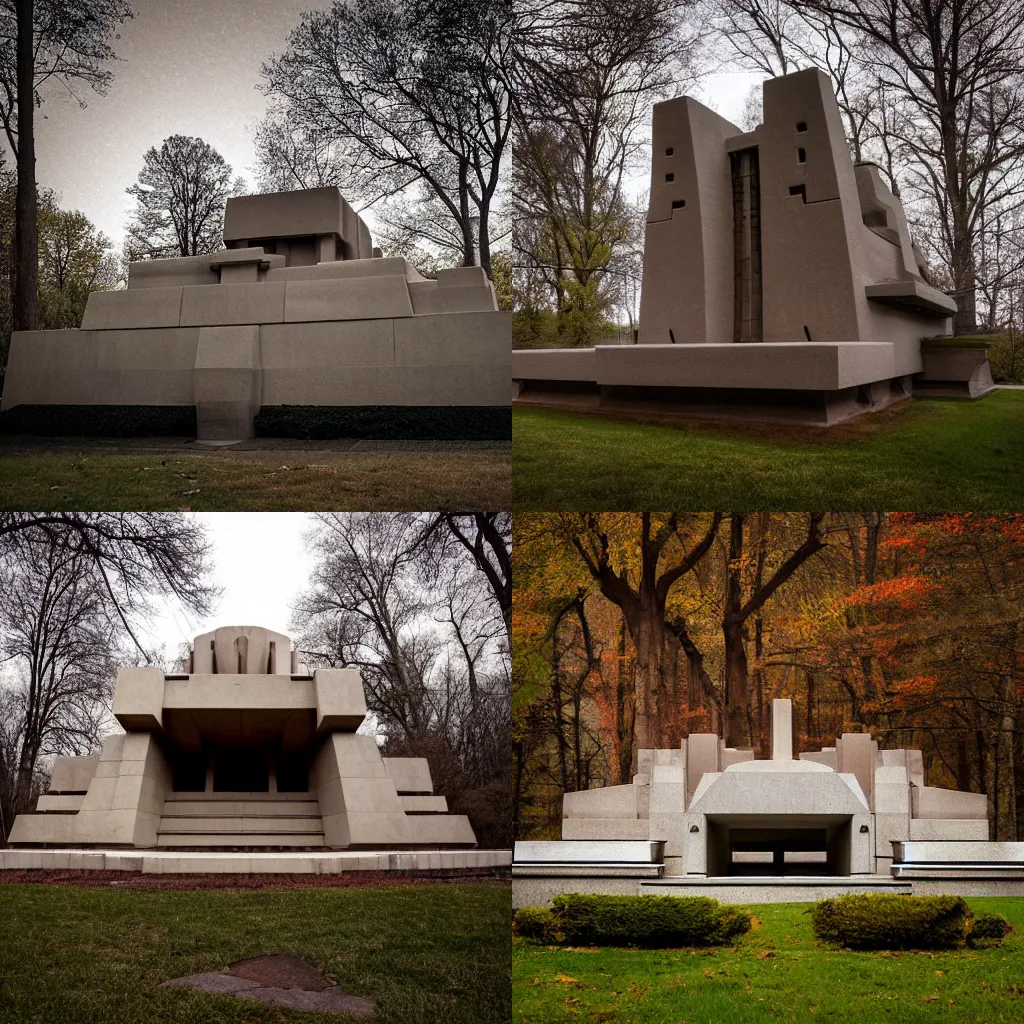 Prompt: foreboding tomb designed by frank lloyd wright, modernist, grim, twilight, photograph