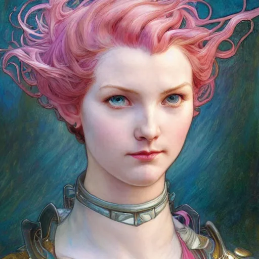 Image similar to Masterpiece head and shoulders portrait of Fiora from League of Legends of Arcane animated Series with pink and blue short hair and arcane armor drawn by Donato Giancola and Tom Bagshaw, Edmund Leighton, Alphonse Mucha, background by James Jean and Gustav Klimt, 4k, porcelain skin, volumetric lighting, komorebi, french nouveau, trending on artstation, octane render, hyperrealistic