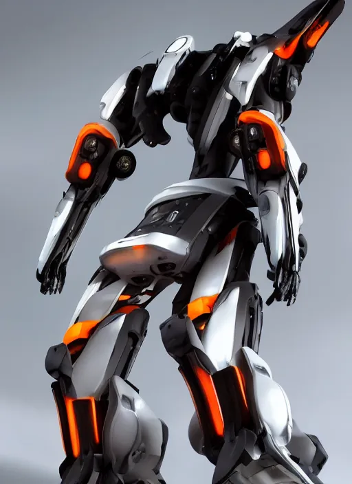 Image similar to a Photorealistic dramatic hyperrealistic full frame render of a Sleek futuristic exosuit Freedom Formula Racing Mech,Ultra realistic details,glossy white metal,Orange racing stripes,weathered surfaces,by Hidetaka Tenjin,Yoh Yoshinori,Yoji Shinkawa,Masamune Shirow,Beautiful dramatic dark moody tones and lighting,cinematic atmosphere,studio lighting,shadows,dark background, Octane render,8K