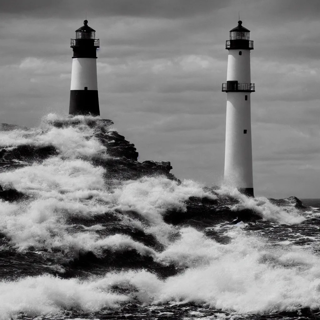 Prompt: A very beautiful Black and white photo of A lighthouse on a rough sea of the sea,highly realistic, hyper detailed,,4k,NEOPAN 100 ACROS II,Leica Summicron 35/2