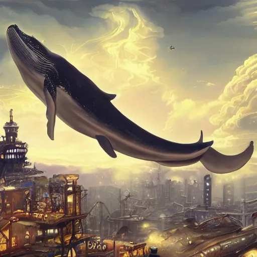 Image similar to A huge whale flying in the clouds above a steampunk mega city, golden lighting, artstation, realistic digital painting