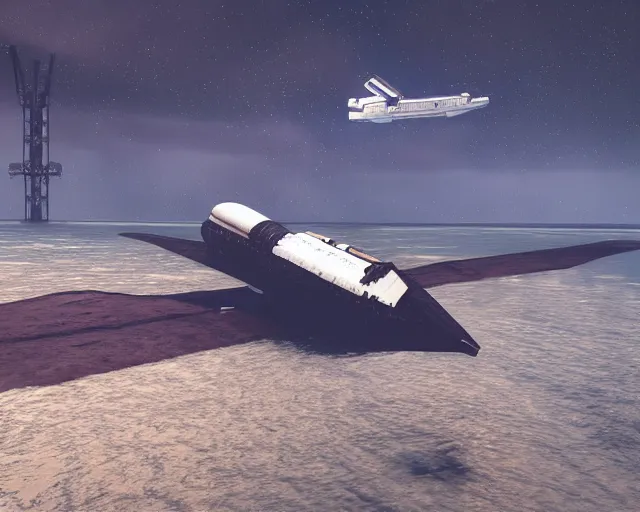 Image similar to old damaged space shuttle submerged under water, cinematic, photoreal, by red dead redemption 2