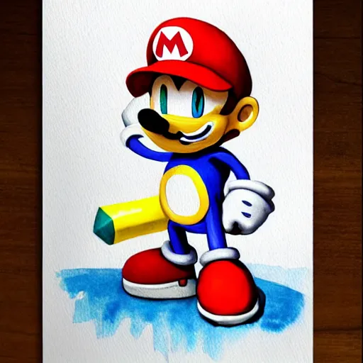 Image similar to Sonic in the style of Mario, with a mustache, beautiful watercolor art drawing, in the style of artist Simon Stalenhag s-90 - C 7