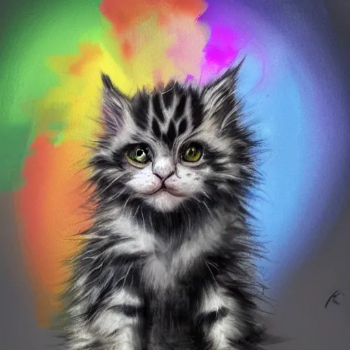 Image similar to wide angle full body, of a fluffy cute rainbow kitten wearing a black leather motorcycle jacket, concept art