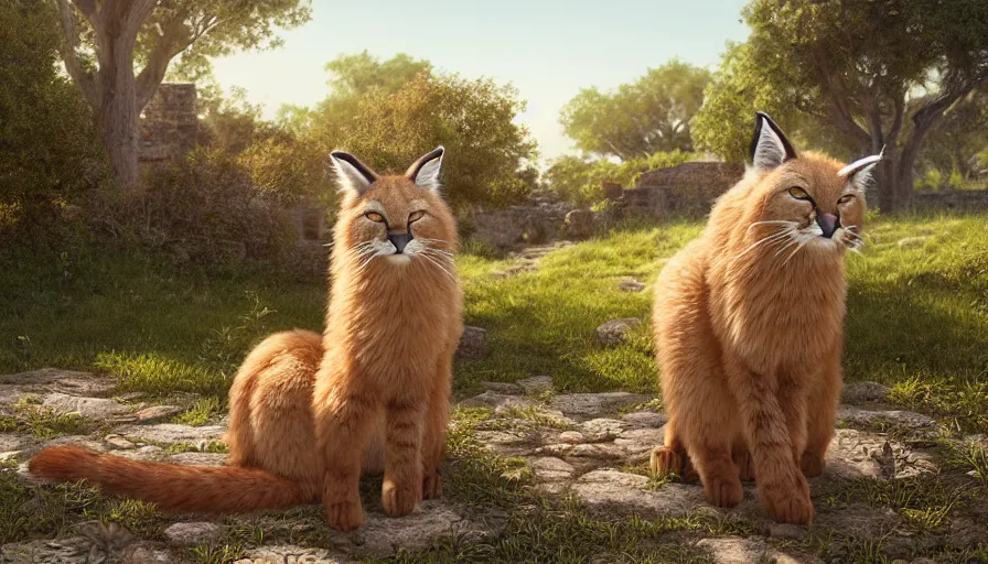 Image similar to wooden barrel on one side, fullbody photo of cute fluffy caracal in it, ancient greek city, sunny day, by ilya kuvshinov, rtx rendering, octane render 1 2 8 k, maya, extreme high intricate details by tom bagshaw, medium shot, close up shot, composition by sana takeda, lighting by greg rutkowski