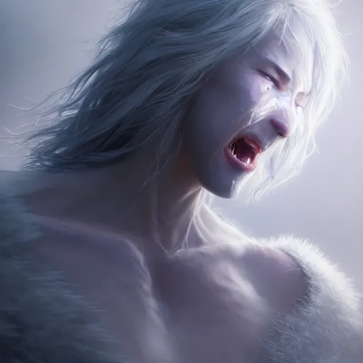 Prompt: a roaring and crying ghost, tall, silver skin, illustration, cinematic lighting, 8 k, d & d, frostbite 3 engine, dof, artstation, intricate, digital art, crepuscular ray, art by tsuyoshi nagano, greg rutkowski, stanley artgerm