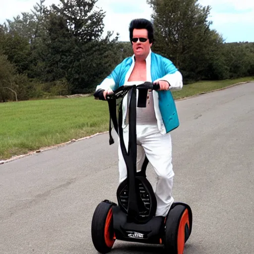 Image similar to elvis riding a segway in a frog costume