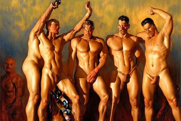 Image similar to the four horsemen of the apocalypse, painting by tom of finland, gaston bussiere, craig mullins, j. c. leyendecker