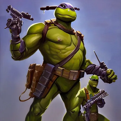 Image similar to greg manchess portrait painting of armored teenage mutant ninja turtles as overwatch character, medium shot, asymmetrical, profile picture, organic painting, sunny day, matte painting, bold shapes, hard edges, street art, trending on artstation, by huang guangjian and gil elvgren and sachin teng