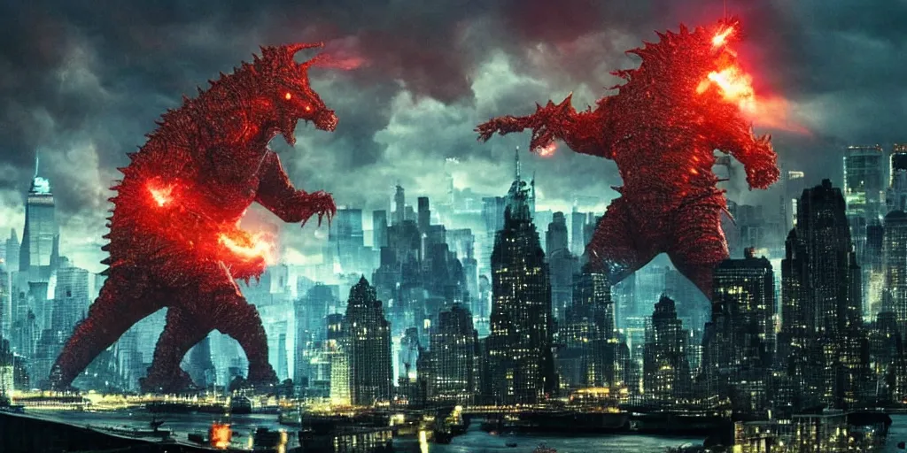 Image similar to A Cyber Kaiju Attacking new york, cinematic, Michael bay movie