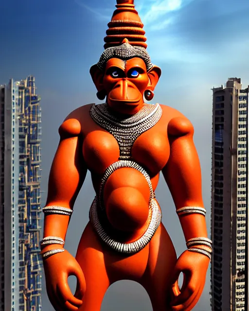 Image similar to high quality 3 d futuristic biomorphic hanuman! head building in mumbai!! centre, highly detailed, cinematic smooth, berenice abbott & john j. park, dramatic warm morning light, wide shot, high angle, uhd 8 k, sharp focus