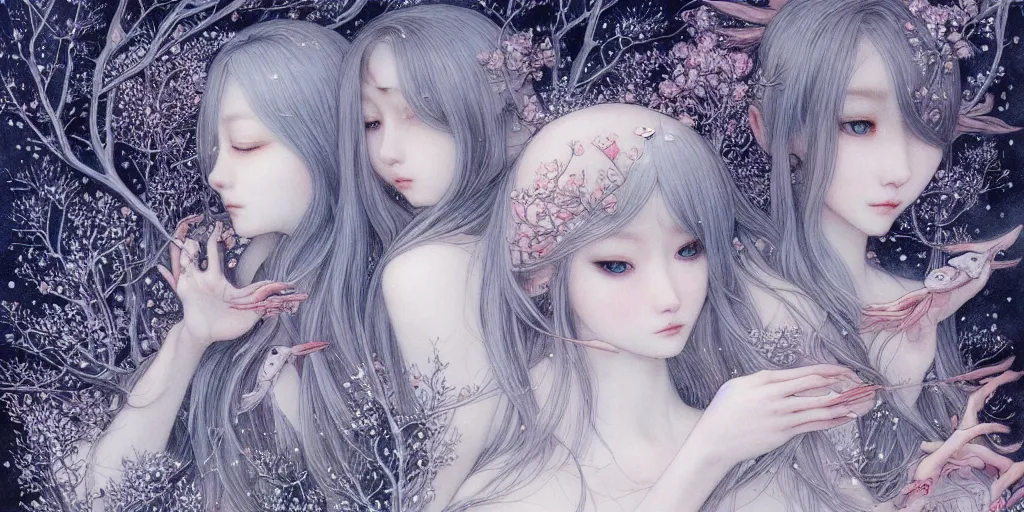 Image similar to breathtaking delicate detailed concept art winter creatures, by miho hirano, bizarre compositions, exquisite detail, pastel colors, 8 k