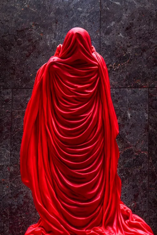 Image similar to the unknown maiden hiding his face under a red silk veil, statue made with embossed polished dark marble, sculpted by hedi xandt and bernini, epic and cinematic view, volummetric light, intricate, detailed, 8 k