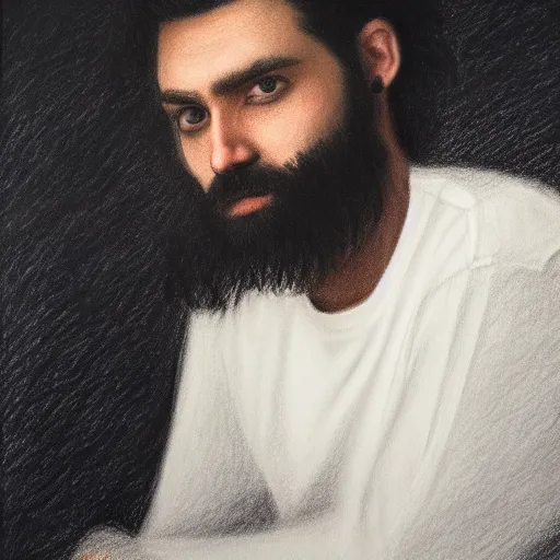 Prompt: a drawing of a man with black hair and beard, wearing a black jacket, white shirt and jeans, standing in a dimly lit room, looking confused, camera is far away, vivid colors, soft lighting, atmospheric, cinematic, moody, oil on canvas, 8 k