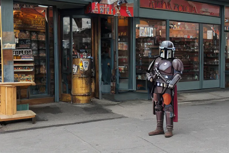 Prompt: lone mandalorian with a beer in front of polish shop, press photo