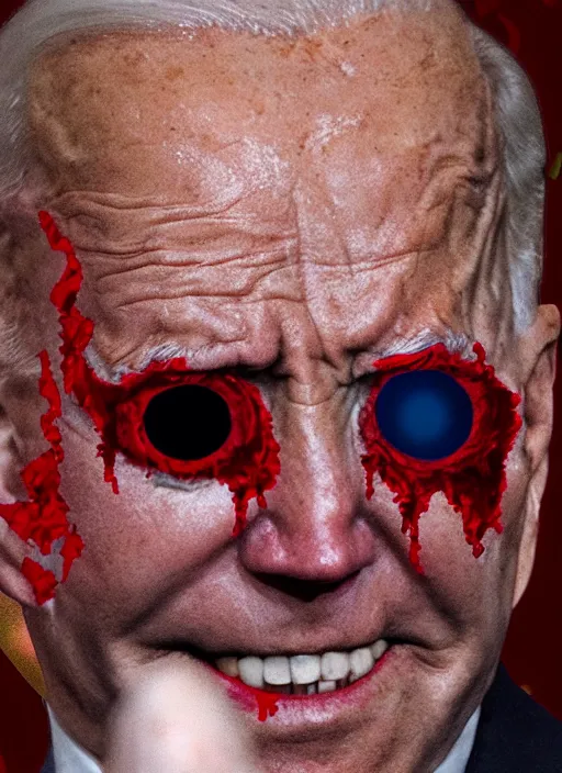 Image similar to hyper realistic ultra realistic horror terror dimensional photo furious glowing red eyes biden, high quality photo, detailed , 8k