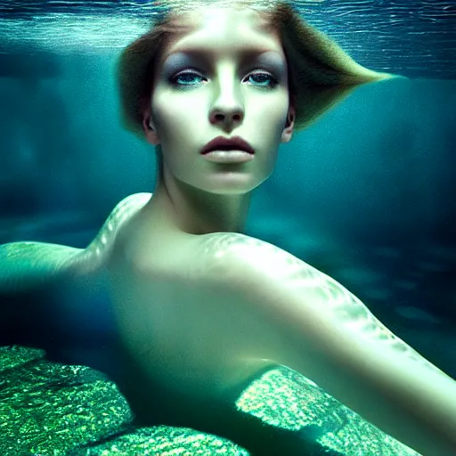 Prompt: photographic portrait of a stunningly beautiful siren renaissance female, underwater in neptunes palace, caustics, in soft dreamy light, contemporary fashion shoot, by edward robert hughes, annie leibovitz and steve mccurry, david lazar, jimmy nelsson, extremely detailed, breathtaking, hyperrealistic, perfect face, octane render