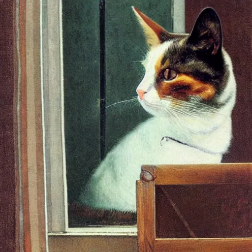 Prompt: A very content calico cat sitting on a wooden table looking out a window, artist is Norman Rockwell,