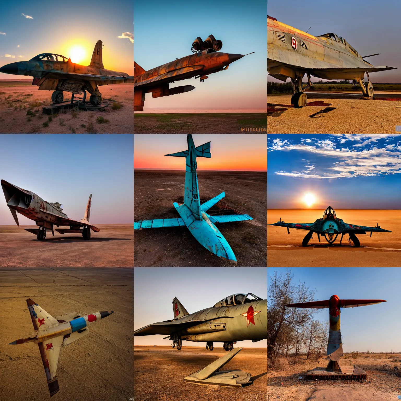 Prompt: abandoned rusty soviet mig - 2 1 monument in a central asia desert, high quality, award winning photography, golden hour