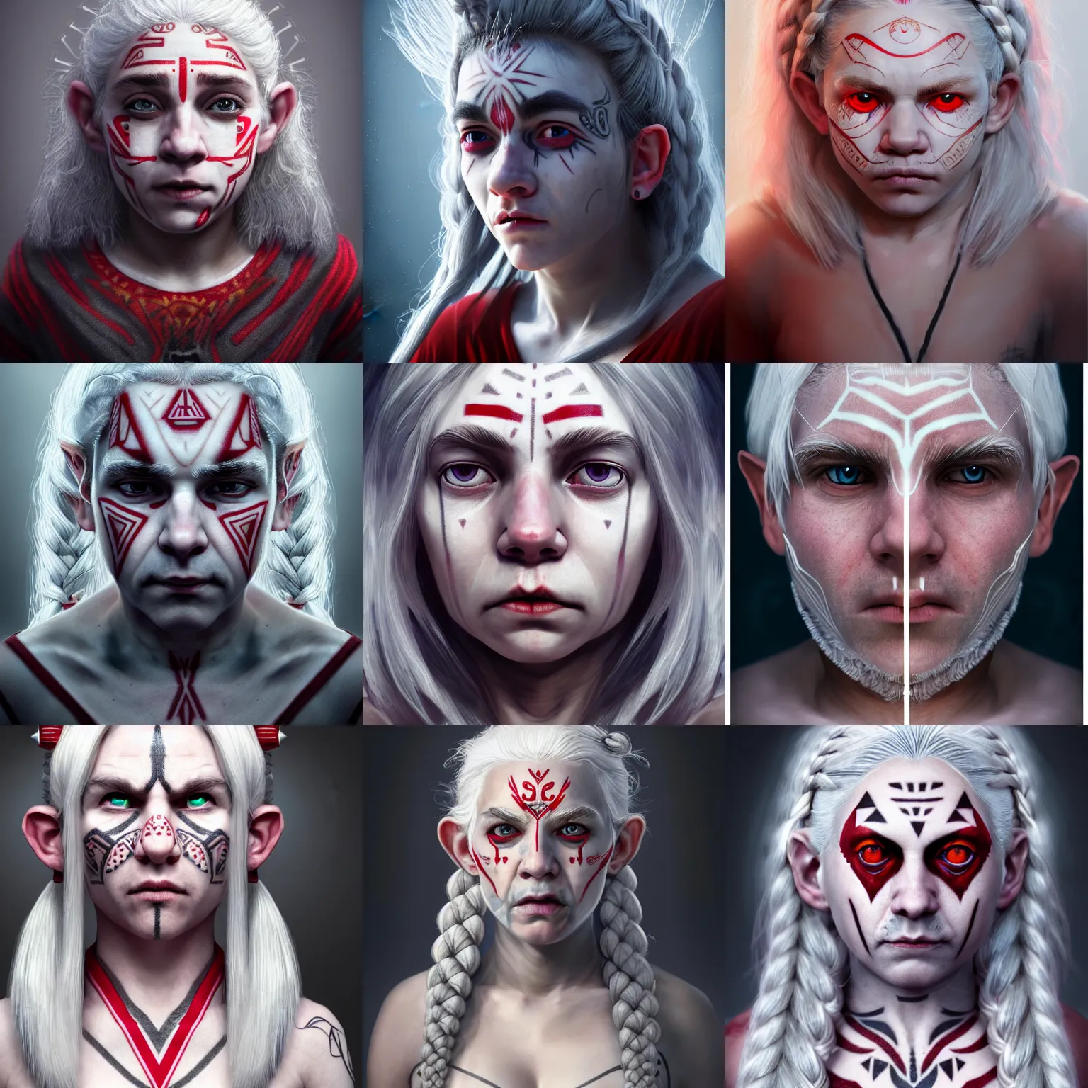 Prompt: realistic portrait of halfling with white hair, strange geometric facial tattoos, grey robe, pale - white skin, red eyes, long braided hair, tired haunted expression, artstation, cinematic lighting, hyper - detailed 8 k