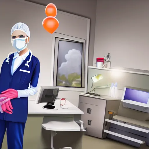 Image similar to evil doctor surgeon in hyperrealistic detailed style in a brightly lit room operating on a female patient and balloons are coming out of her abdomen