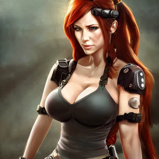 Prompt: concept art illustration of christina hendricks as lara croft anime protagonist, art by artgerm and rosstran