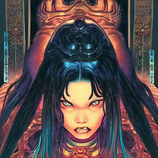 Prompt: portrait of girl from big trouble in little china, symmetrical, by yoichi hatakenaka, masamune shirow, josan gonzales and dan mumford, ayami kojima, takato yamamoto, barclay shaw, karol bak, yukito kishiro