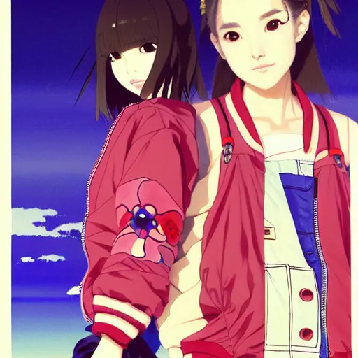 Image similar to a beautiful japanese natalie portman gravure model, wearing oversized native designer bomber jacket and leotard with overalls, bulky poofy bomber jacket with mesoamerican patterns, mesoamerican native street fashion, gapmoe yandere grimdark, trending on pixiv fanbox, painted by greg rutkowski makoto shinkai takashi takeuchi studio ghibli, akihiko yoshida