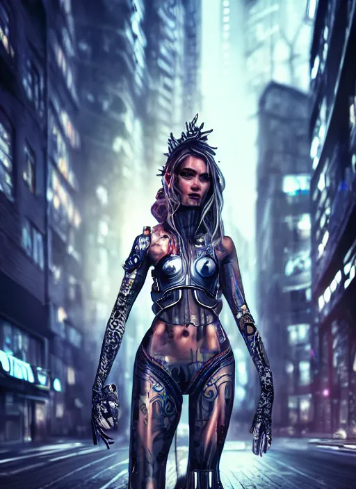 Image similar to photo of a gorgeous nordic female in a cyberpunk city, realistic, sharp focus, 8 k high definition, insanely detailed, intricate, elegant, artgerm, greg kutkowski, high contrast dramatic lighting