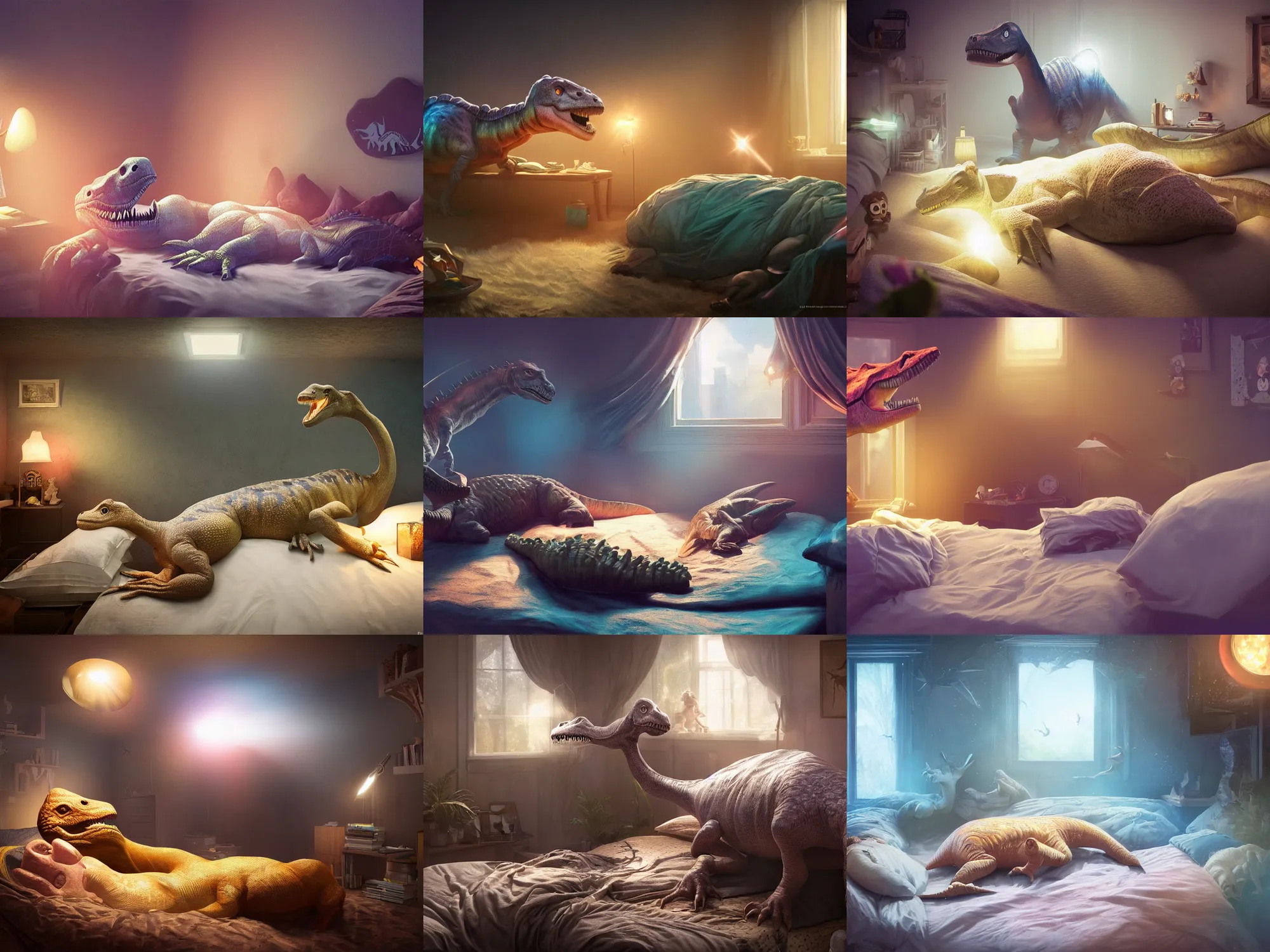 Prompt: sleeping!!!!! dinosaur in bed!!!!!, ultra realistic, lens flare, atmosphere, glow, detailed, intricate, full of colour, cinematic lighting, trending on artstation, 4 k, hyperrealistic, focused, extreme details, unreal engine 5, cinematic, masterpiece