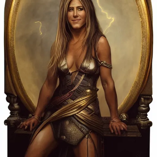 Image similar to the portrait of jennifer aniston as amazon in an intricate dress by roberto ferri, fantasy, witcher, very detailed oil painting, masterpiece, 8 k