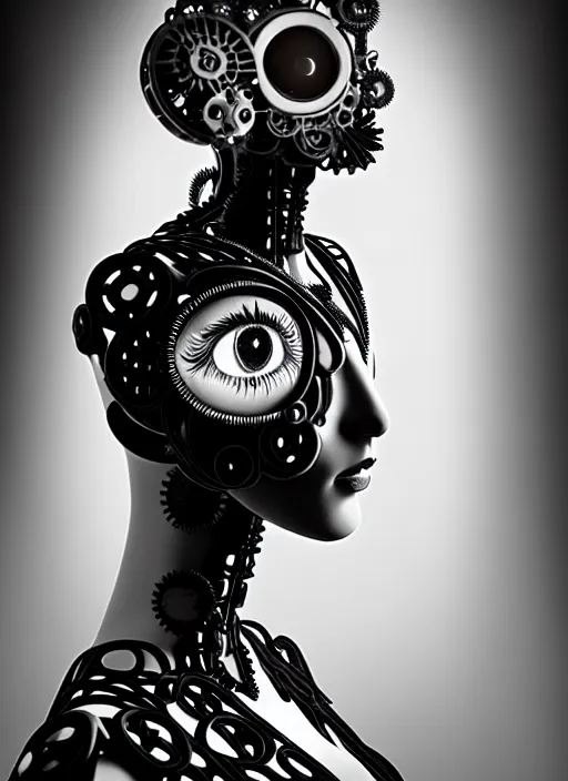 Image similar to black and white dreamy foggy profile face portrait, one steampunk eye biomechanical beautiful young female cyborg - robot, body ribs meshes, big monocular, volumetric light, hibiscus flowers, by hg giger, rim light, by dora maar and cecile beaton, big gothic fashion pearl embroidered collar, 8 k