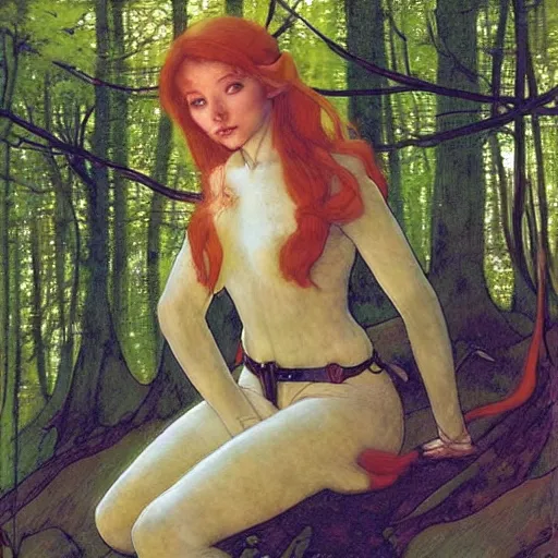 Image similar to beautiful female elf with auburn hair in a feminine spacesuit, aloof in the forest at dusk, by Edgar Maxence and Ross Tran and Michael Whelan and Gustav Klimpt