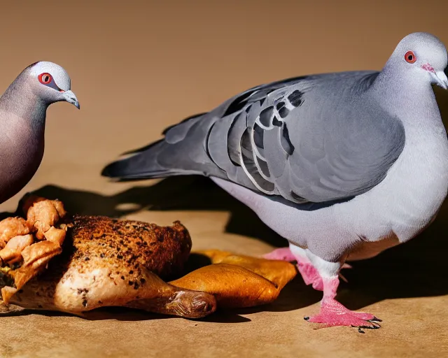 Image similar to pigeon! plus chicken! bird, body! is from pigeon!, head! is from chicken!, realistic photo