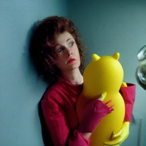 Prompt: still from a 1988 arthouse film about a depressed housewife dressed as a squishy inflatable toy who meets a handsome younger man in a seedy motel room, color film, 16mm soft light, weird art on the wall