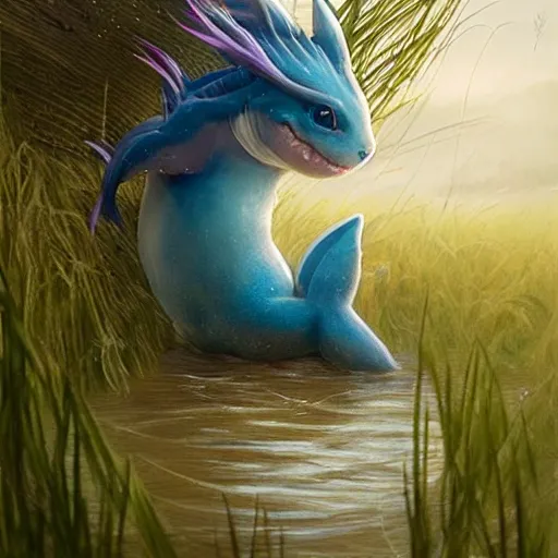 Prompt: a small vaporeon hatching out of an egg, on a riverbank, reeds, fantasy digital painting, stunning intricate details, artwork by ross tran and greg rutkowski