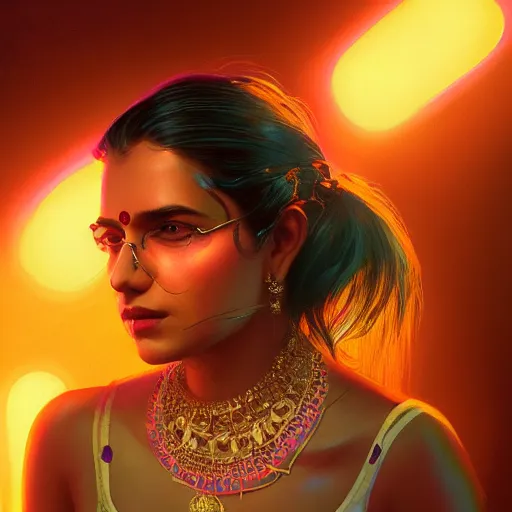 Image similar to portrait of a indian woman with a scaly skin and biotechnical parts and neon light by Artgerm and Greg Rutkowski , digital painting, highly detailed, trending on artstation