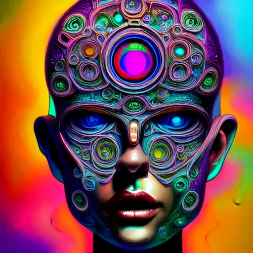 Image similar to An extremely psychedelic portrait of a robot, surreal, LSD, face, detailed, intricate, elegant, lithe, highly detailed, digital painting, artstation, concept art, smooth, sharp focus, illustration