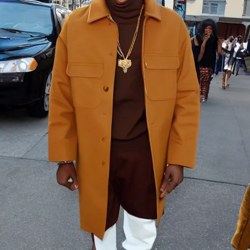 Image similar to tyler the creator wearing a brown coat