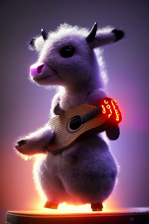 Image similar to high quality 3 d render very cute fluffy! cyborg cow plays guitar, cyberpunk highly detailed, unreal engine cinematic smooth, in the style of blade runner & detective pikachu, hannah yata charlie immer, moody light, low angle, uhd 8 k, sharp focus