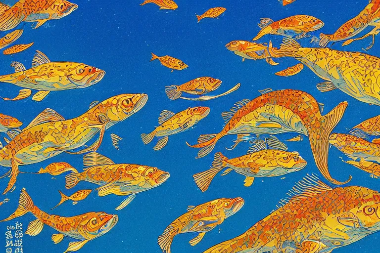 Image similar to portrait of goldfishes swarming the ocean. shadow and light. rays of light. energetic, dynamic, lively, detailed, intricate, complex. fine art by hayao miyazaki, akira toriyama, makoto shinkai, and ohara koson.