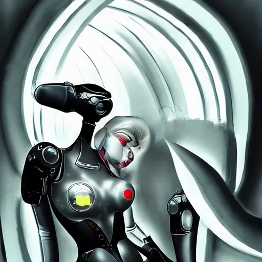 Image similar to beutiful white girl cyborg, alfred kelsner, artstaition, epic composition