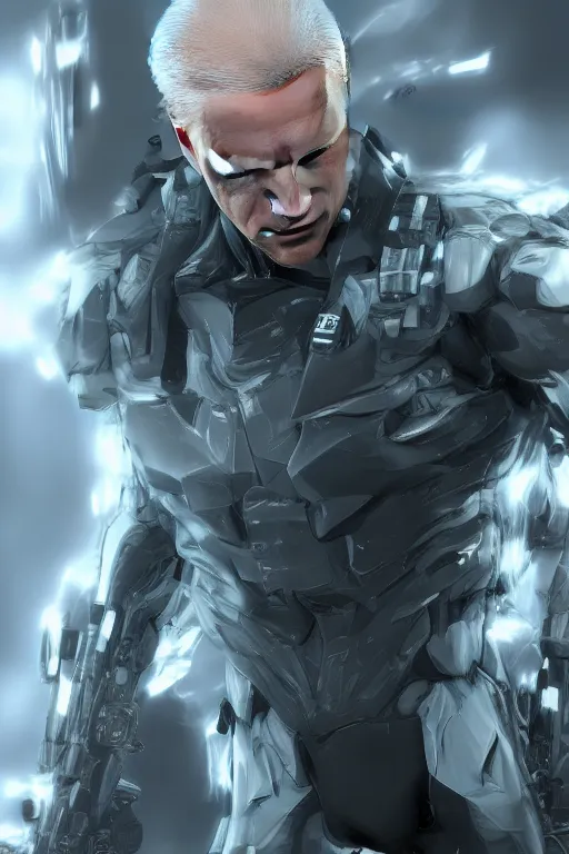 Image similar to joe biden in metal gear rising revengeance, metal gear rising, metal gear, joe biden, octane render, 8 k, realistic face, realistically proportioned head, realistically proportioned face