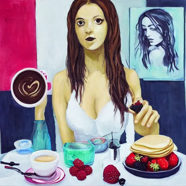 Image similar to “ sensual, a portrait in a female art student ’ s apartment, pancakes, woman drinking an iced latte from a painting, berries, art supplies, a candle dripping white wax, berry juice drips, neo - expressionism, surrealism, acrylic and spray paint and oilstick on canvas ”