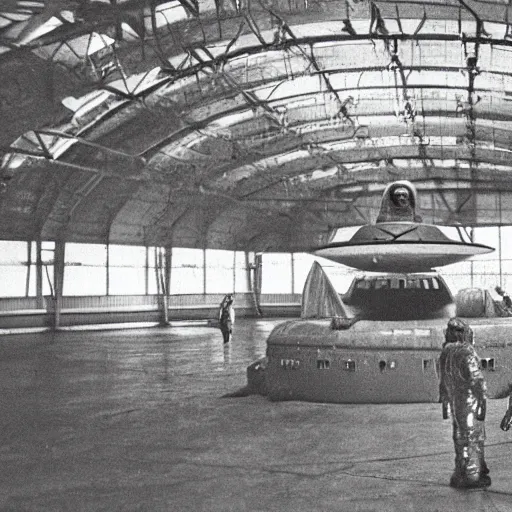 Prompt: flying saucer, ufo, alien ship inside a hanger, old photo, vintage photo, grainy, realistic, real photo, men in hazmat suits standing around