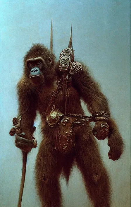 Image similar to tribal ape warrior in tribal armor, beksinski, ruan jia,