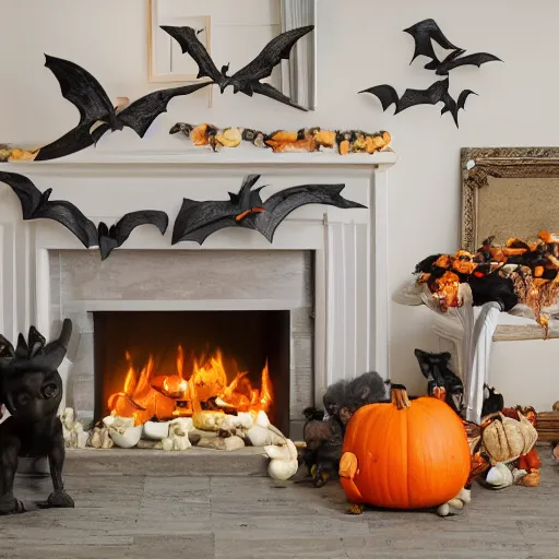 Image similar to a realistic photo of a fireplace mantle decorated for halloween, with black bats on the wall, and pumpkins on the floor, photorealism, dramatic lighting