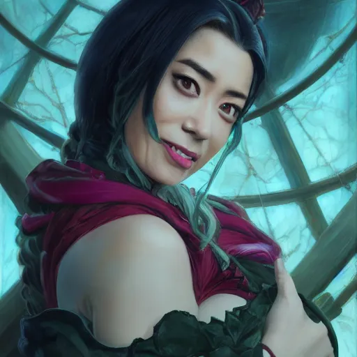 Image similar to Aimee Garcia as Shalltear Bloodfallen, professional modeling, looking down on the camera, detailed, centered, digital painting, artstation, concept art, donato giancola, Joseph Christian Leyendecker, WLOP, Boris Vallejo, Breathtaking, 8k resolution, extremely detailed, beautiful, establishing shot, artistic, hyperrealistic, beautiful face, octane render, cinematic lighting, dramatic lighting, masterpiece