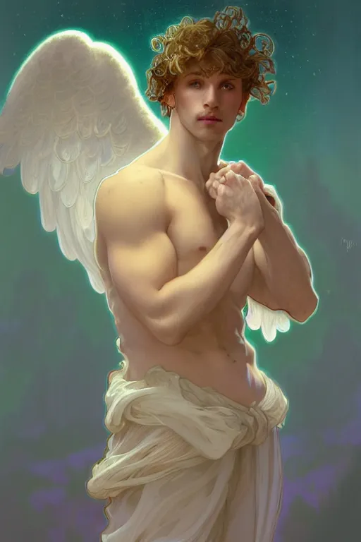 Image similar to portrait of a beautiful young fit male angel with curly blond hairs, dressed with fluent clothes, luminous scene, by greg rutkowski and alphonse mucha, d & d character, gradient white to cyan, in front of an iridescent background, highly detailed portrait, digital painting, artstation, concept art, smooth, sharp focus ilustration, artstation hq